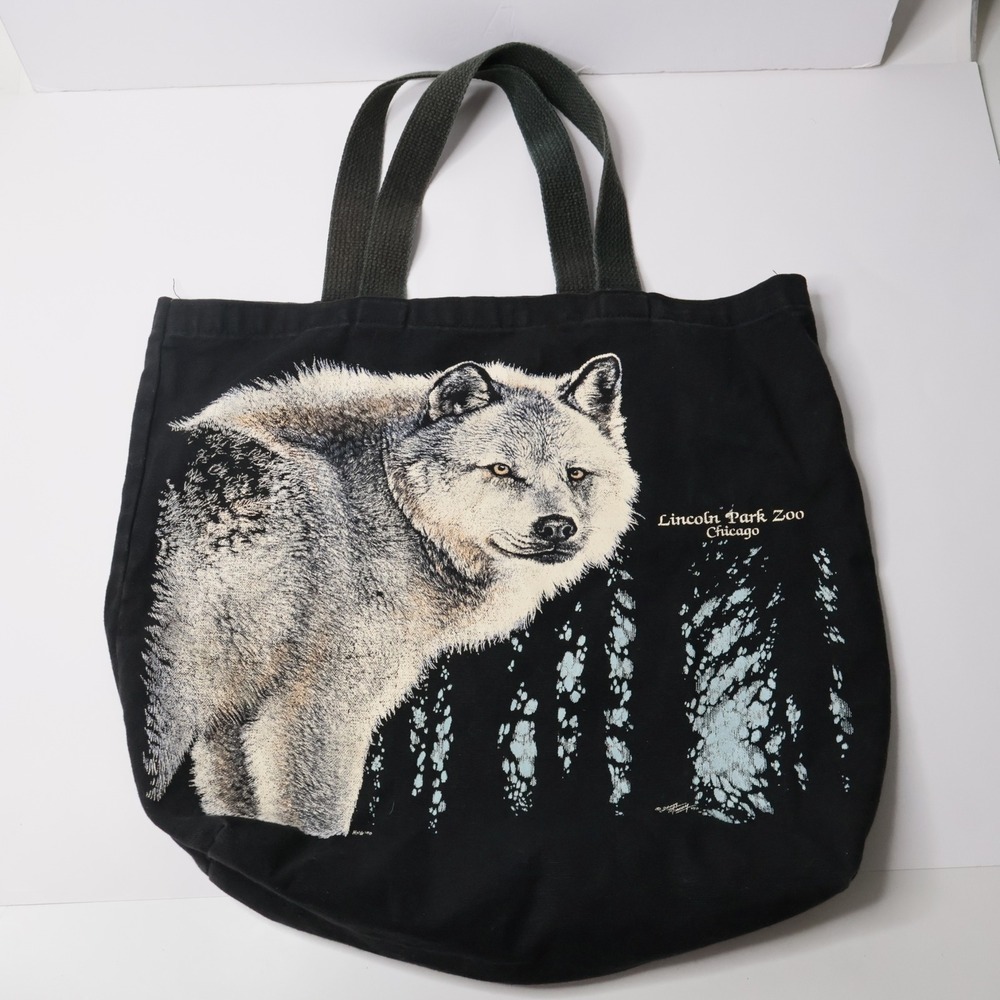 Vintage 90s Harlequin Wolf Black Tote Bag Lincoln Park Zoo Chicago Grunge USA
